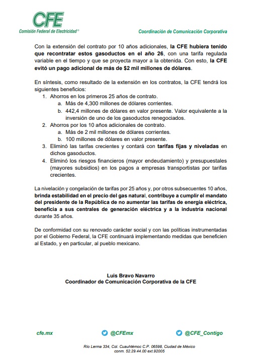 A la opinión pública | Ante las versiones periodísticas que abordan el informe de la ASF sobre la renegociación de contratos "leoninos" con empresas transportadoras de gas, se aclara: 
#Comunicado:➡️bit.ly/2TPAzn3