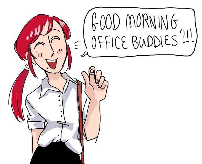 [OC] a cursed Rachel doodle from earlier (she is NEVER this outwardly happy at work) 