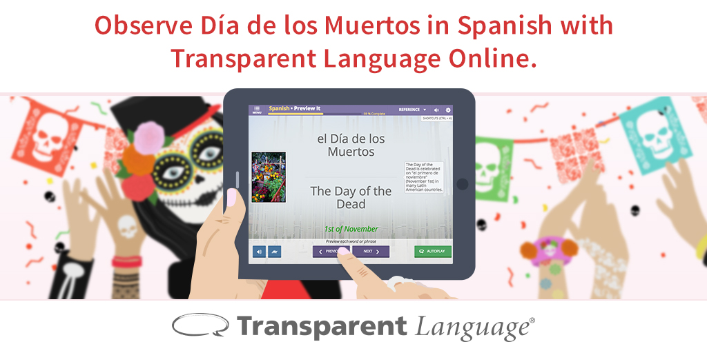 a cartoon illustration of a woman wearing calavera makeup and flowers in her hair.. Also a tablet being held displaying words in Spanish