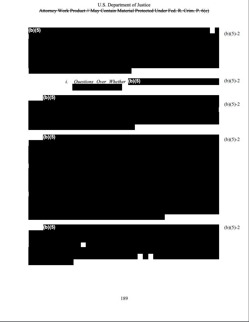 The newly visible sections, found in the table of contents as well as on pages 9, 51, 65, 174, 176-179, 188-189, and 190-191, deal almost entirely with charging decisions by members of Mueller’s team regarding the hacks and WikiLeaks’ publication of the stolen emails.