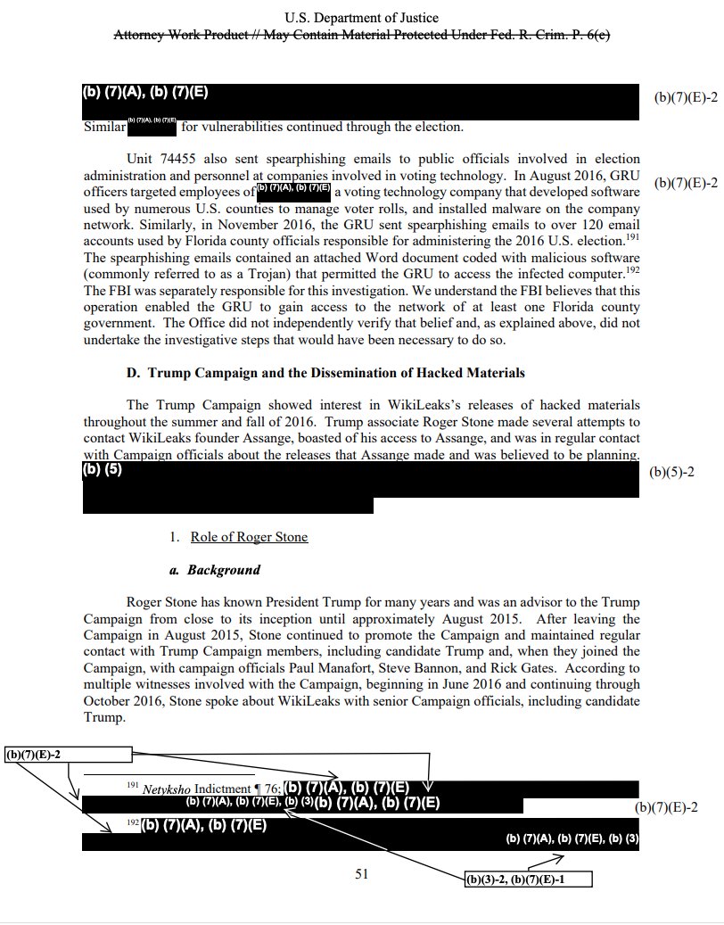 The newly unveiled sections also include a small but noteworthy revelation previously redacted due to an ongoing investigation regarding Russian attempts to hack a company that makes voter registration software. The name of the company, VR Systems, had been redacted until now.