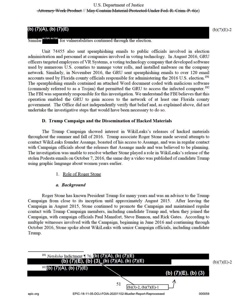 The newly unveiled sections also include a small but noteworthy revelation previously redacted due to an ongoing investigation regarding Russian attempts to hack a company that makes voter registration software. The name of the company, VR Systems, had been redacted until now.