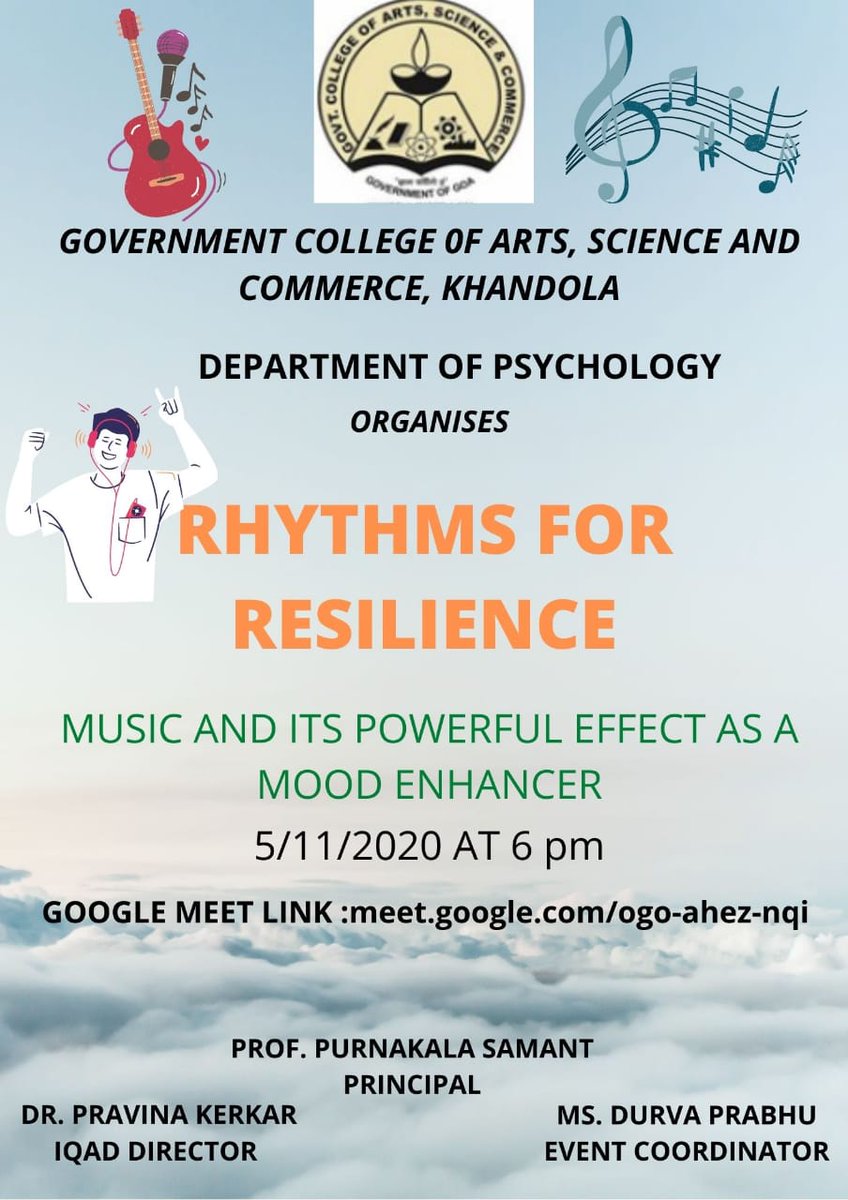 GCASCKhandola's tweet image. Govt College Khandola is organising a session on &quot;Rythms for Resilience&quot; on 5th November 2020.
#psychology
#music
#rythms
#resilience 
#mhrd
@HRDministry 
@DHE_Govt_Goa