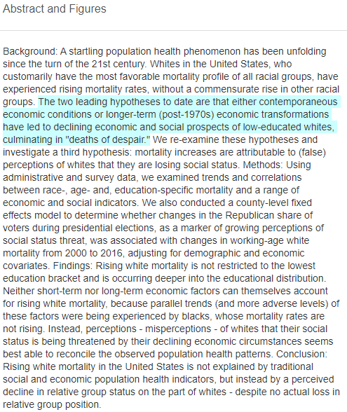 4/ Siddiqi acknowledges the 2 leading hypotheses for the phenomenon; either (i) current economic conditions or (ii) long-term (post-1970s) economic transformations “have led to declining economic and social prospects of low-educated whites, culminating in ‘deaths of despair.’”