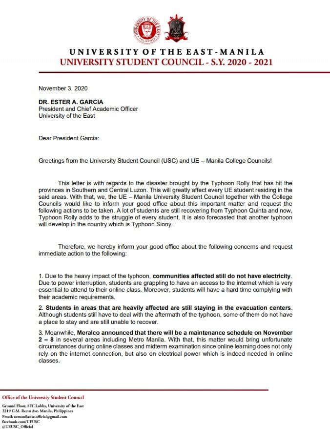 RWconnects's tweet photo. BREAKING: UE-Manila student councils have appealed to the University administration to suspend both synchronous and asynchronous classes from November 4 to 7 to help the students recover from the heavy damage caused by Super Typhoon Rolly.

#BeyondConnections https://t.co/mGsOm22v8n