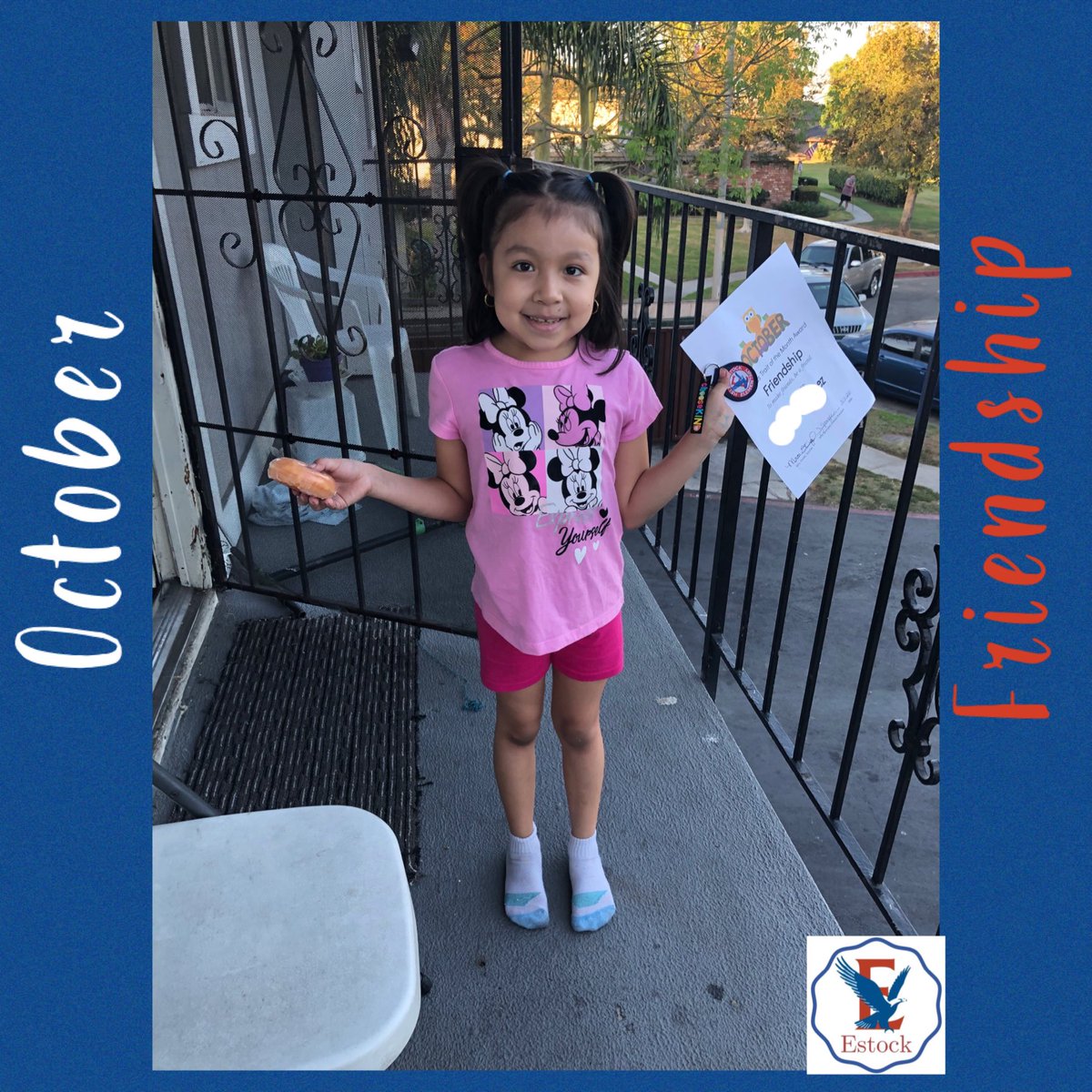 Surprise home visits from Mrs. Spangler for our virtual learners that earned the October character trait award*** FRIENDSHIP! They earned a certificate, a spirit stick and a special treat.🤩🦅❤️ #estockeaglessoar