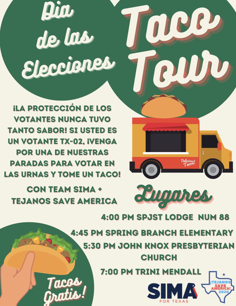 TeamSima's tweet photo. Martes del taco, pero taco con Democracia! 🌮💙 Estamos muy emocionados de unir fuerzas con @TejanosSaveUS y Los Tacos Famous para llevar tacos a cuatro lugares de votación mañana en Spring Branch! Si aún no has votado, acompáñanos mañana! Proteger tu voto suena sabroso! 😋 https://t.co/9OphssSliO