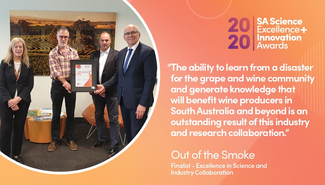 sachiefsci's tweet photo. #SAScienceAwards Excellence in Science and Industry Collaboration  finalist, Out of the Smoke, is a unique industry-research collaboration on the Cudlee Creek bushfires, helping winemakers understand the impact of smoke on vines &amp; grapes, benefitting SA’s winemaking industry. 🍇 https://t.co/1h8VCFiavm