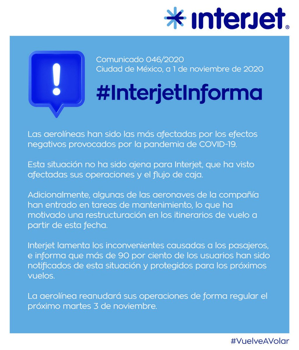 YaEsNoticiaMx's tweet photo. ✈ #InterjetInforma | Que reanudará sus operaciones de manera regular este martes 3 de noviembre 2020.
Clic aquí para más información y protección de pasajeros con vuelo el 2 de noviembre 2020: https://t.co/795a5j1znC
Via: @interjet https://t.co/3bb03qBZVa