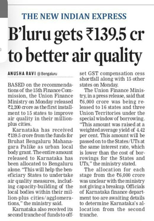 The Union Finance Ministry has released Rs 139.5 crore to #BBMP for Improving Bengaluru’s air quality. The fund will be used by BBMP to build capacity &amp; undertake air quality measures across the city.

#Bengaluru <a href="/CMofKarnataka/">CM of Karnataka</a> <a href="/nsitharaman/">Nirmala Sitharaman</a> <a href="/IndianExpress/">The Indian Express</a> <a href="/XpressBengaluru/">TNIE Karnataka</a>