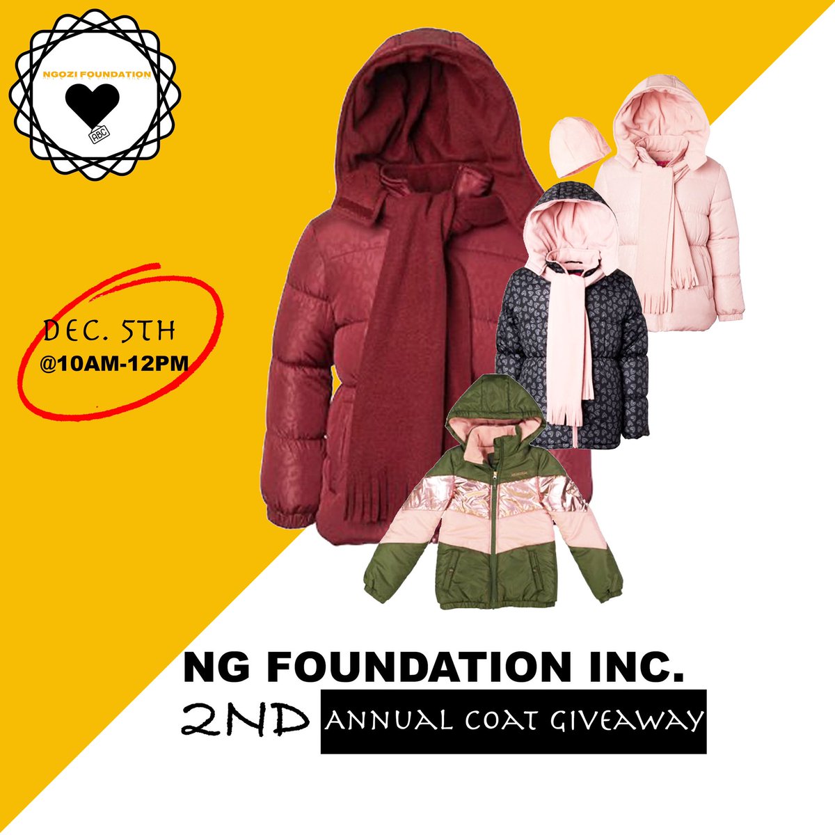 foundation_ng's tweet photo. 2nd Annual Coat Giveaway.
December 5th
Please visit https://t.co/PTuACQCVgC for details 
#ngfoundationinc #nfis #ngozifoundation https://t.co/S0K3oDQBDs