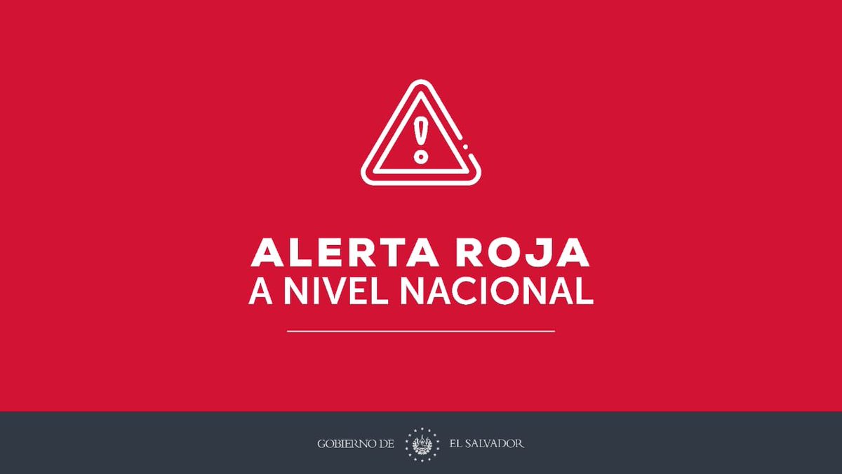 marioduran's tweet photo. Se declara de manera inmediata #ALERTAROJA A NIVEL NACIONAL. 
Todas las Instituciones públicas estarán volcadas a la ejecución del PLAN del Sistema Nacional de Protección Civil. 
El resguardo y protección de la vida de los salvadoreños es prioridad uno. https://t.co/apWCmZ0v1W