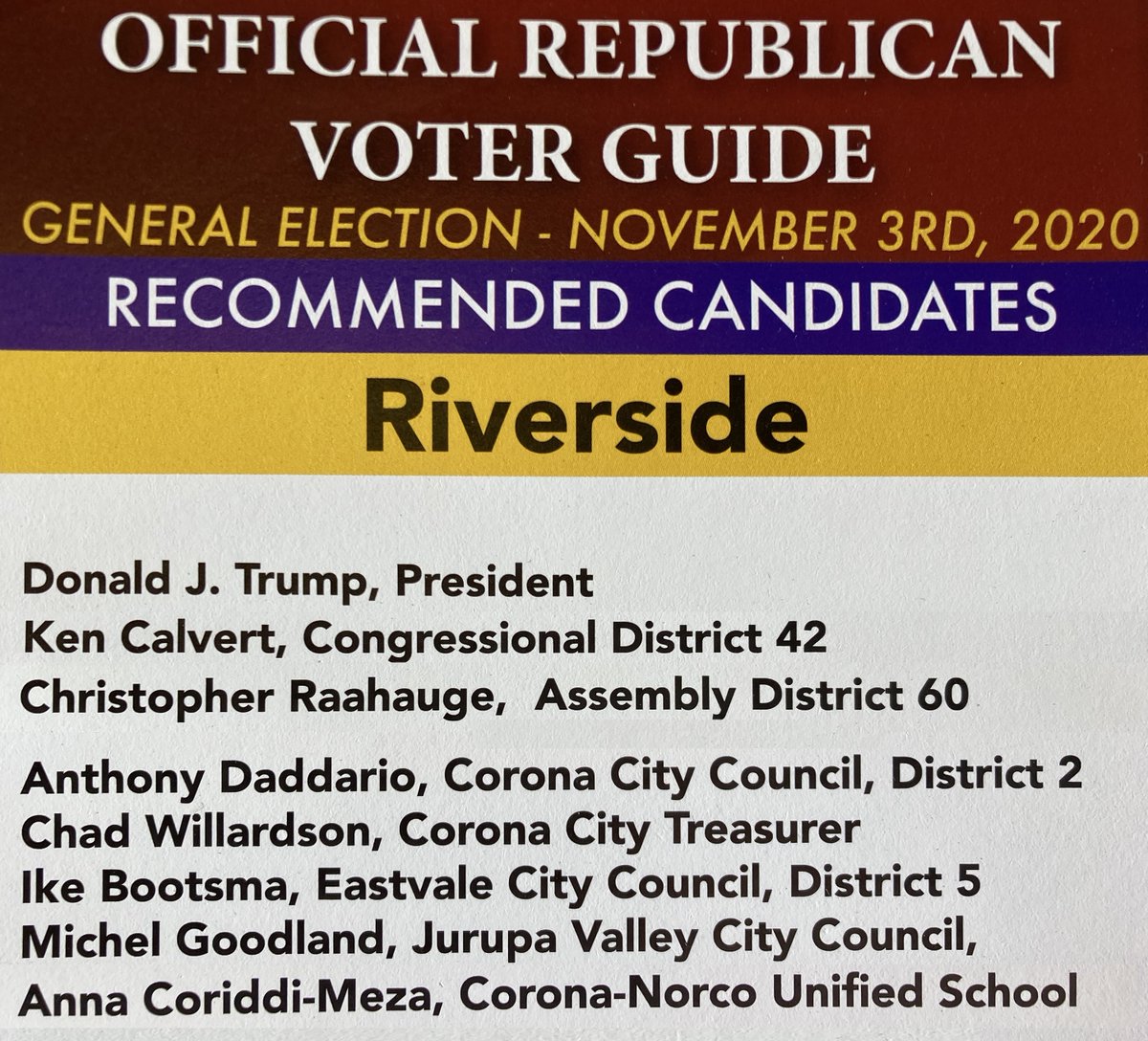 The Republican Party of Riverside County voter guide for Republican voters in Corona, Eastvale, Norco, Jurupa Valley and Riverside. The voter guide has recommendations on all of the Propositions except Prop. 19. Yes on 19. Here is the full voter guide: mailchi.mp/05ae29578951/t…