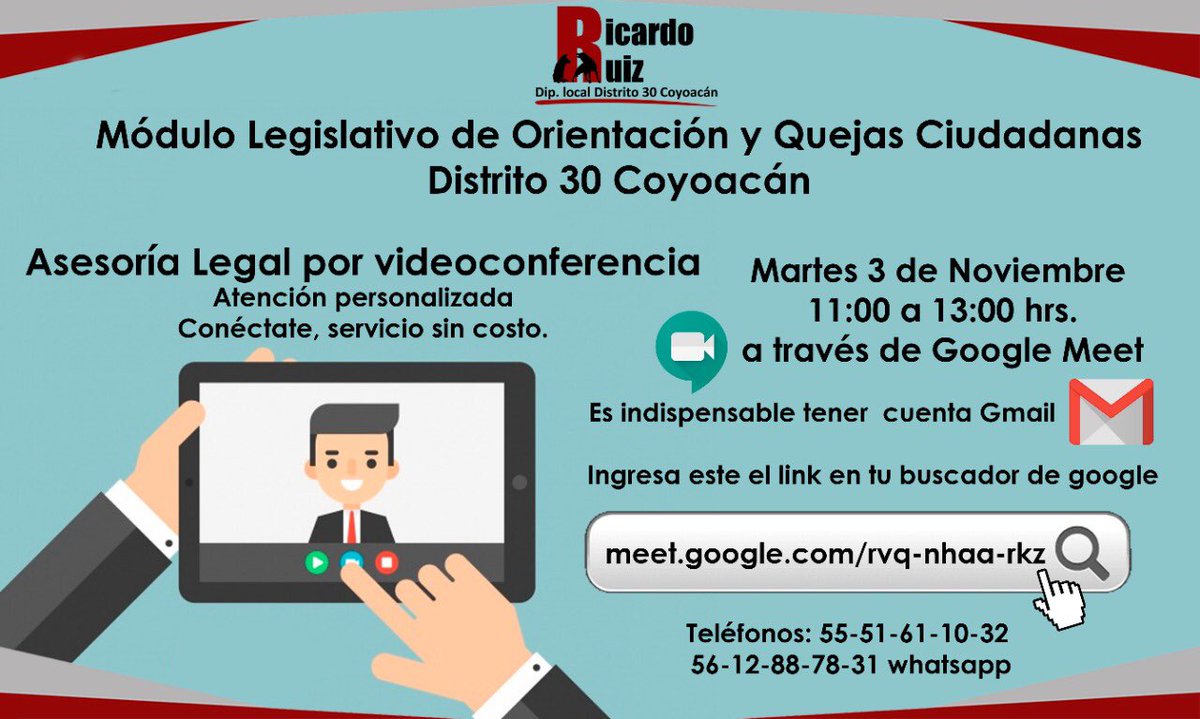 RicardoRuizSua2's tweet photo. Los martes son de #AsesoríaJurídica de 11 a 13 hrs. por vídeollamada a través de #MeetGoogle.
Sigue las instrucciones que te dejamos en la siguiente imagen.
Recibirás atención personalizada, sólo debes esperar tu turno durante el horario de atención.
#Distrito30Coyoacán https://t.co/v3ey3QQwkQ