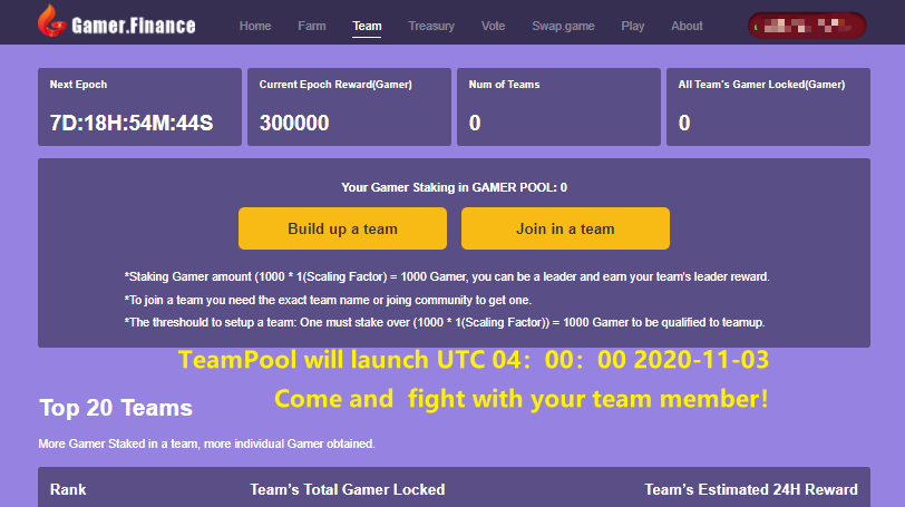 GamerFinance's tweet photo. https://t.co/ped0Bj3w8u will launch TeamPool on 04:00:00 AM UYC 2020-11-03 
Come on and fight with your friends🤠🤠🤠 https://t.co/TKjpvQaudQ