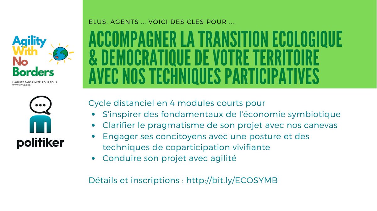 AgilityWNB's tweet photo. Engager vos concitoyens dans leur transition écologique &amp; démocratique: cycle de 4 sessions pour transmettre aux  maires, élus, agents et citoyens avec nos techniques co-participatives, génératives et 100% dialogiques. Détails : https://t.co/1TF8ru4oU1 cc: @Politiker_fr https://t.co/IrrcuY1mYv