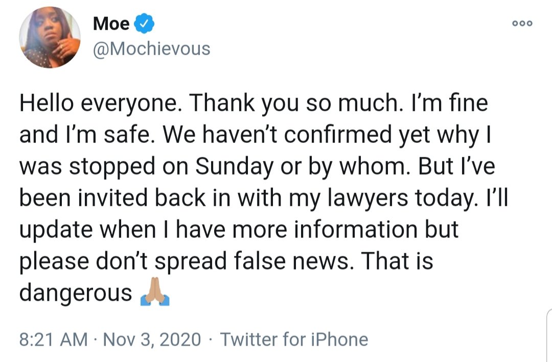  #FreeMoe is trending after reports that Moe, who developed a legal aid network to free protesters, had her passport seized & wasn't allowed to leave Nigeria The Ministry of Interior has denied reports it has created a 'no fly list' featuring prominent supporters of  #EndSARS  .