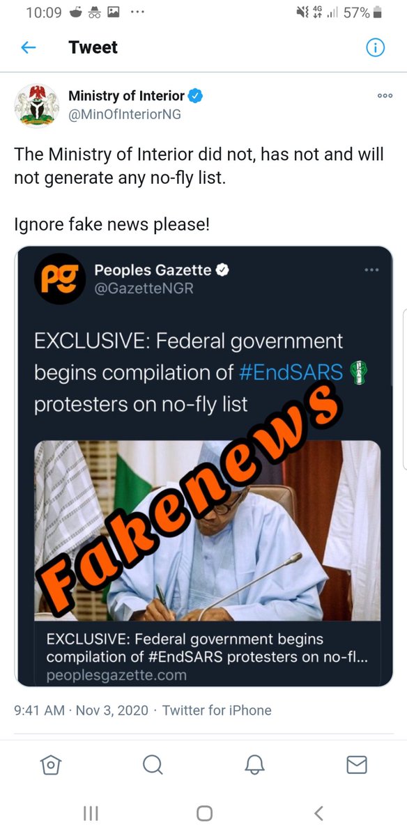  #FreeMoe is trending after reports that Moe, who developed a legal aid network to free protesters, had her passport seized & wasn't allowed to leave Nigeria The Ministry of Interior has denied reports it has created a 'no fly list' featuring prominent supporters of  #EndSARS  .