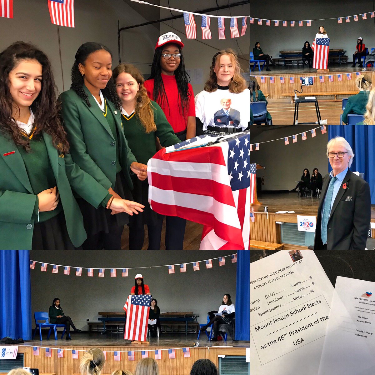 MountHouseSch's tweet image. It’s Election Day at Mount House! Lola represented team Trump and Jemima represented team Biden. Speeches and questions covering a range of topics. Our Politics teacher Phil Allman is counting the votes ... Biden wins at Mount House... what will happen tomorrow? 🇺🇸🇺🇸🇺🇸🇺🇸