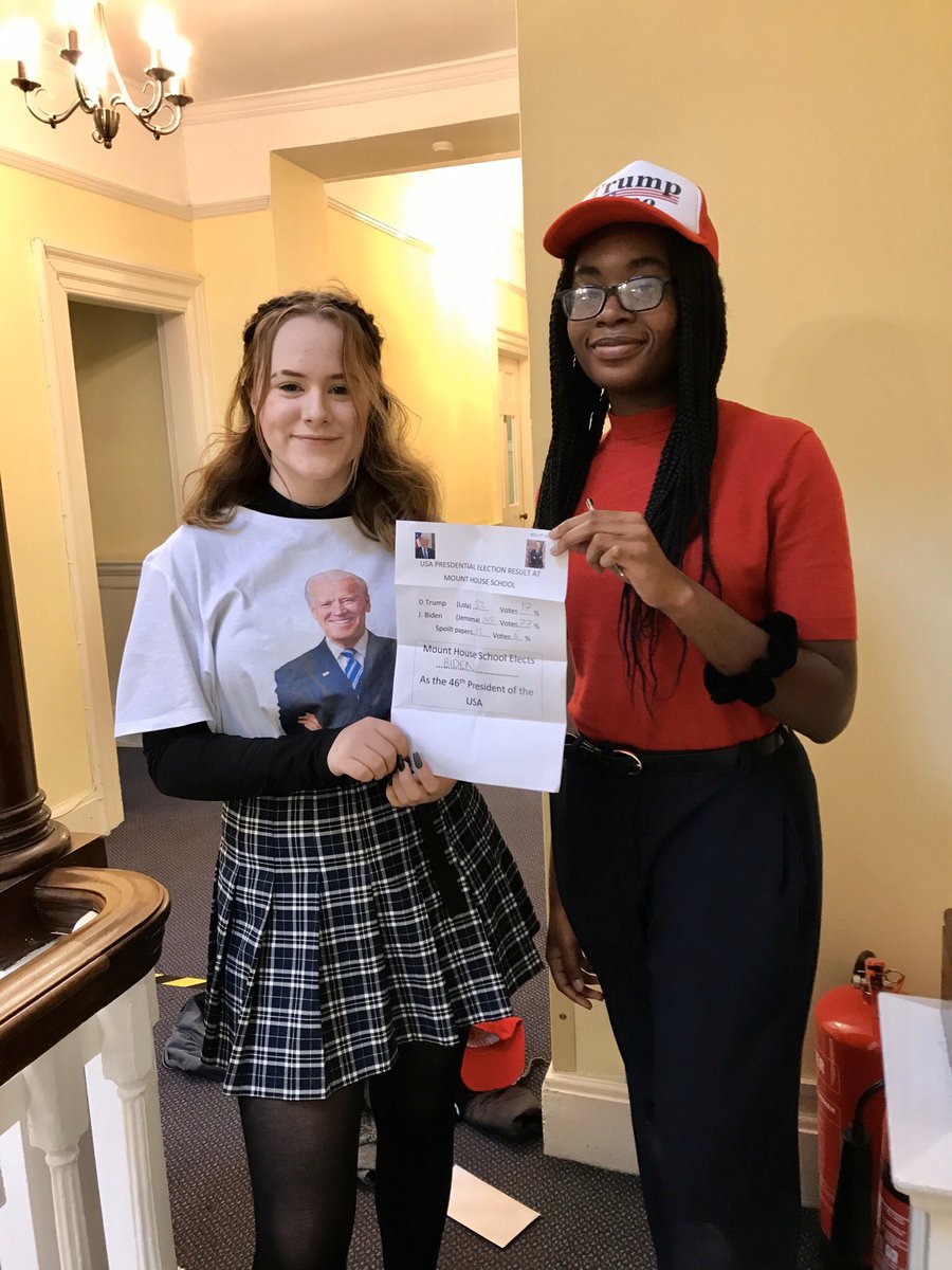 MountHouseSch's tweet image. It’s Election Day at Mount House! Lola represented team Trump and Jemima represented team Biden. Speeches and questions covering a range of topics. Our Politics teacher Phil Allman is counting the votes ... Biden wins at Mount House... what will happen tomorrow? 🇺🇸🇺🇸🇺🇸🇺🇸