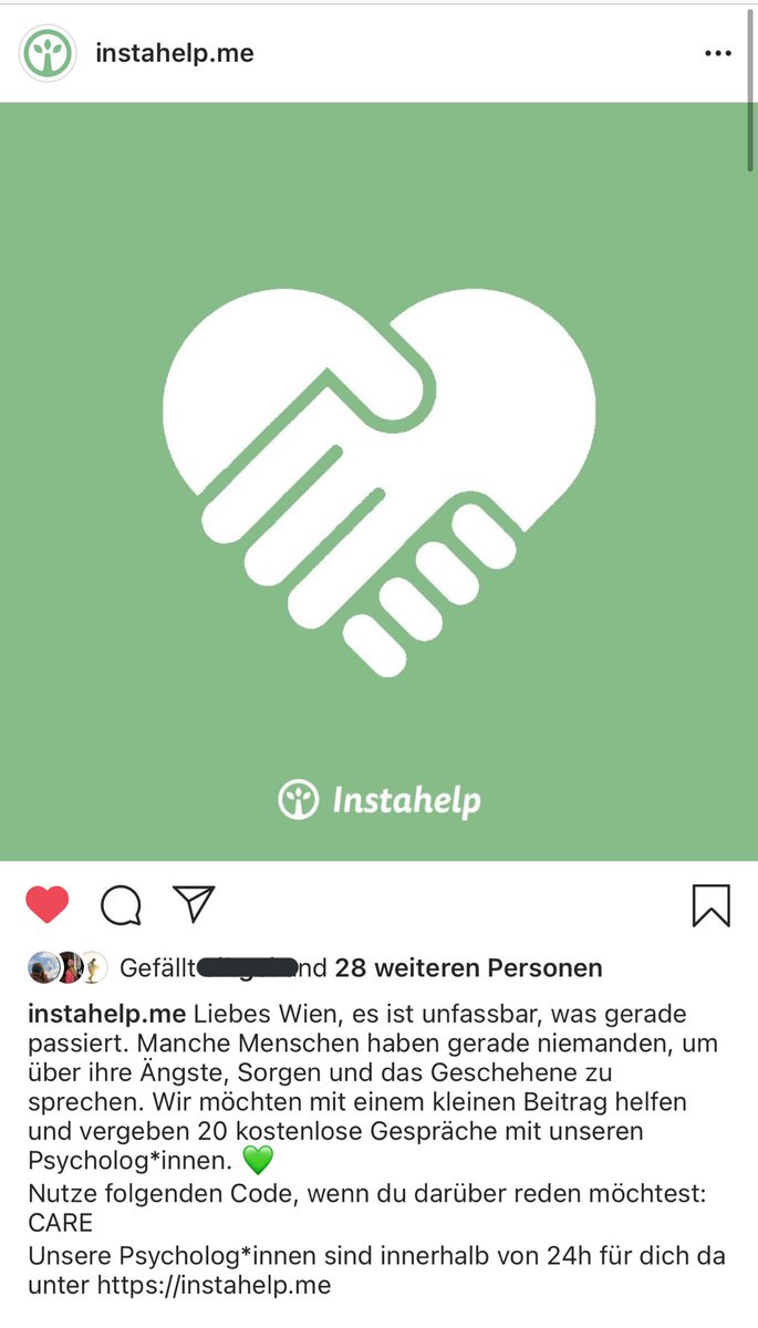 Die Onlineplattform Instahelp bietet gratis psychologische Beratung mit dem Code CARE! Für jede*n, die/der die Ereignisse mit psychologischer Betreuung verarbeiten wollen! #Wien #Schwedenplatz