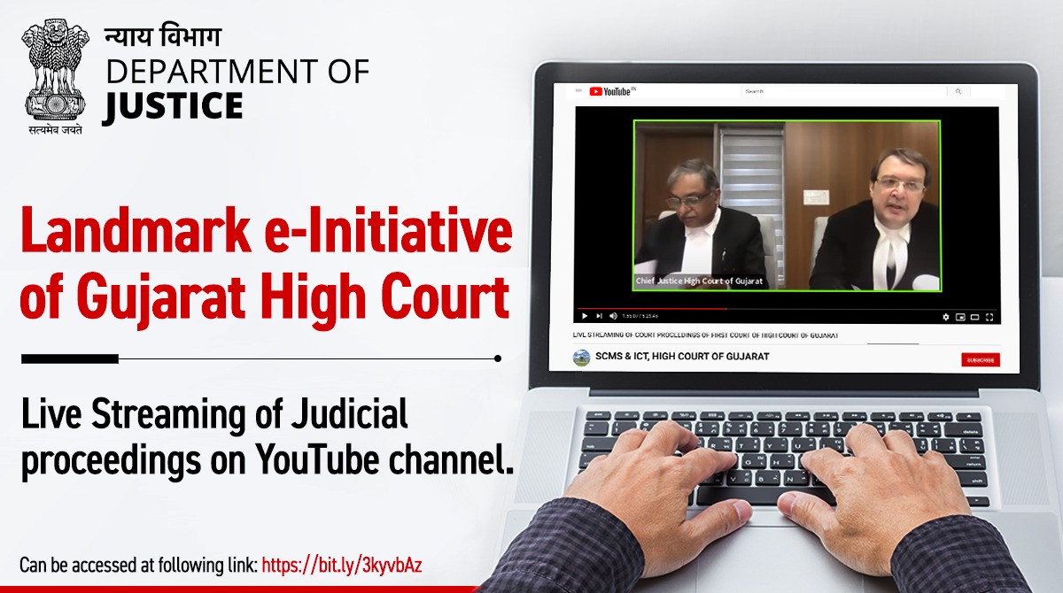 MLJ_GoI's tweet photo. In a landmark initiative, Gujarat High Court started Live streaming of Court proceedings.. https://t.co/rq2rIn7AQw