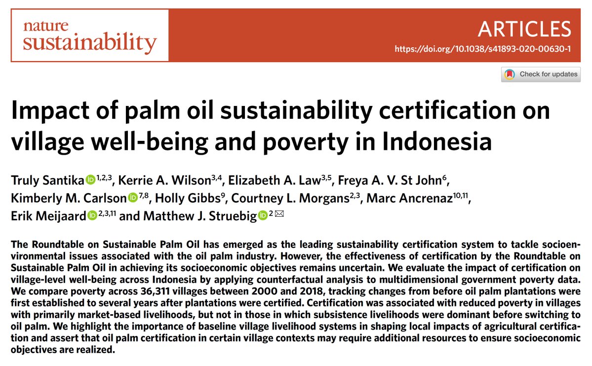 Does certifying oil palm help alleviate poverty? See the latest evaluation for Indonesia – the world’s biggest palm oil producer…led by Truly Santika with others. Freely to access  @naturesustainab  https://rdcu.be/b9Bzy   @DICE_Kent  @RSPOtweets /1