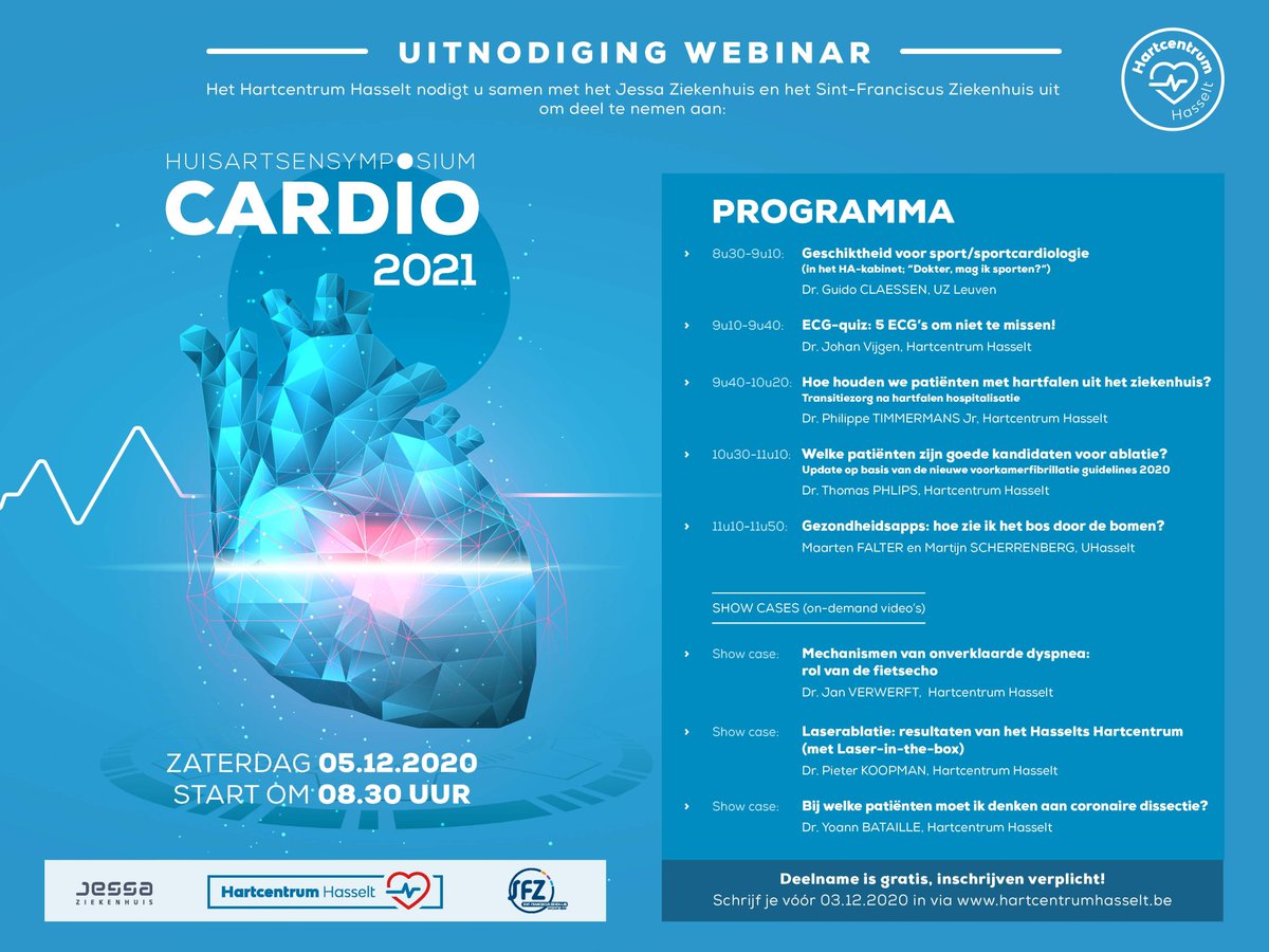 HartcentrumH's tweet photo. Je kan je nu inschrijven voor de eerste digitale editie van ons huisartsensymposium 'Cardio 2021'. Het symposium gaat, net zoals andere jaren, door op de eerste zaterdagvoormiddag van december.

https://t.co/lUWSFIH7rq

#cardio2021 https://t.co/S84seLthqU