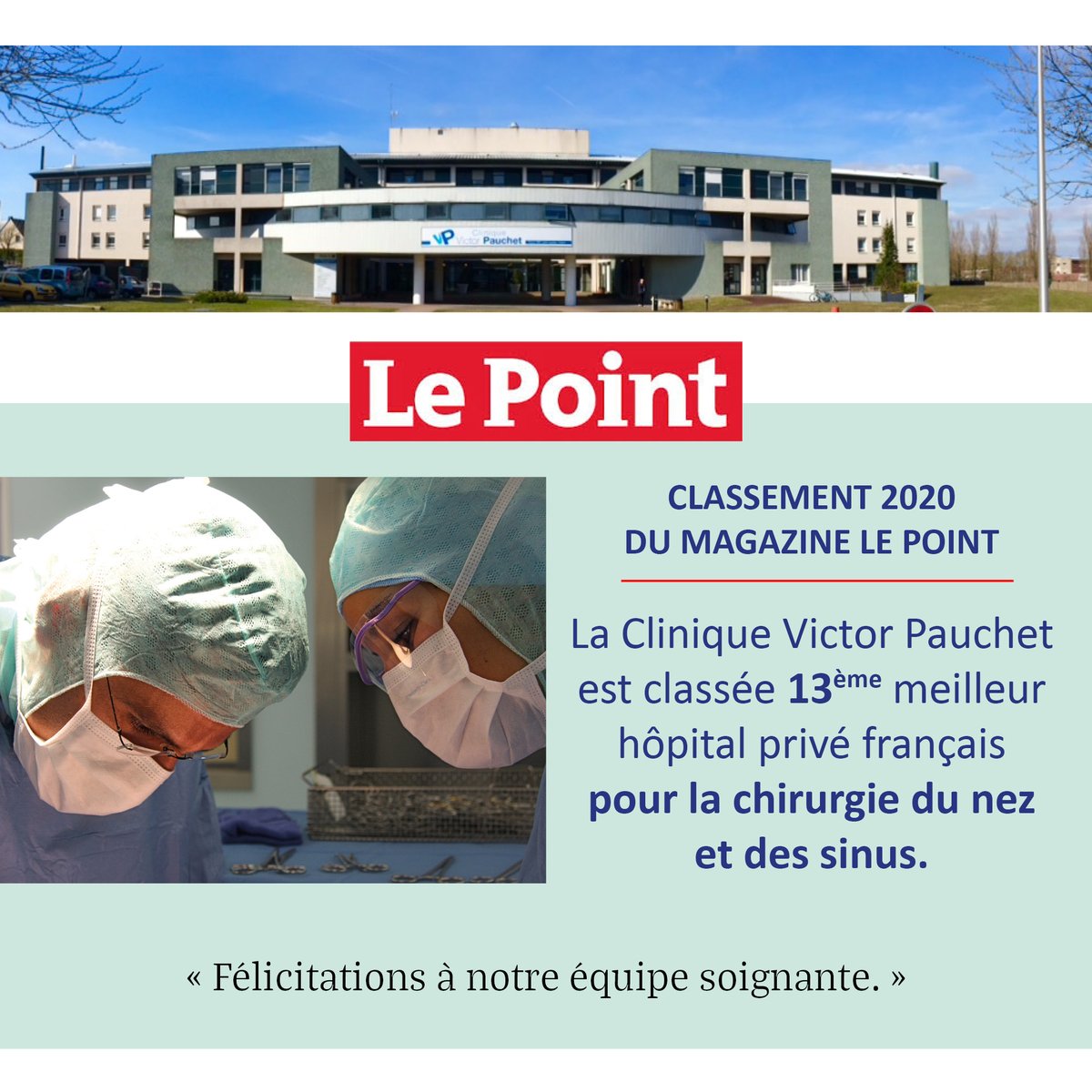 CLASSEMENT LE POINT 2020 🩺
- - - - - - - - - - - - - - - - - - - - - - - - - -
La Clinique Victor Pauchet est classée 13ème meilleur hôpital privé français pour la CHIRURGIE DU NEZ ET DES SINUS. 🏅