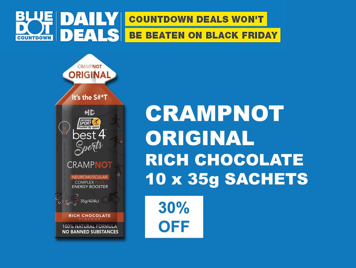best4_sports's tweet photo. Save 30% TODAY ONLY on CRAMPNOT Original Rich Chocolate sachets. SHOP NOW at https://t.co/7nFSfj3Nwa #BlueDot #dailydeals #best4sports #crampnot #running #cycling #training #endurance #fitness #Takealot https://t.co/KmaiDhlSDf https://t.co/sN22IymQBx
