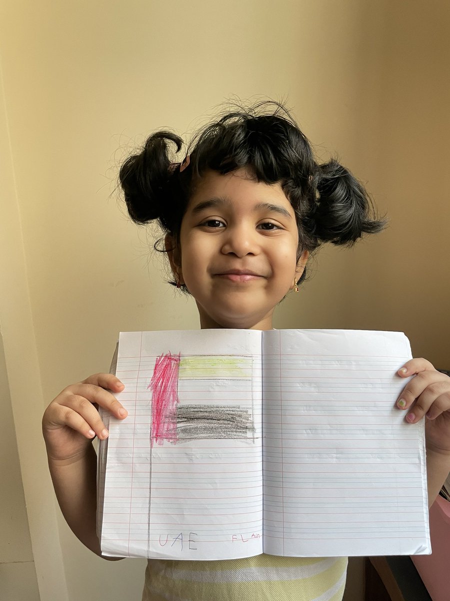 arathi90_rahul's tweet photo. Aradhya showing her patriotism and pride to the  country  which we call our Second Home  through her drawing🇦🇪#UAE2020FlagDay #Pride #FlagDay @AanchalAlimcha1 @gemsnms_alkhail @NMSKindergarten https://t.co/3mJdoB88Fy