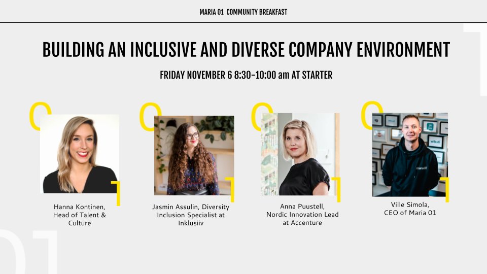 AccentureFI's tweet photo. How to build an inclusive and diverse company environment, and how does it affect your #innovation capability? Welcome to @MariaZeroOne Community Breakfast 11th November to learn more. Join us &amp; @theinklusiiv @Brellanetwork Welcome: https://t.co/1vz6RceN9D #companyculture https://t.co/DDJbe8KnBM