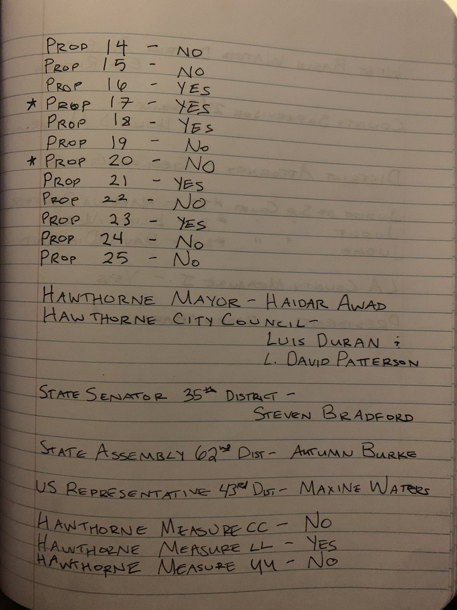 In case any California voters want to know my opinion, here’s who I’m voting for. I’m gonna break it down from national - state - county - city below and start with my biggest priorities   #2020Election  #YesOnProp17  #NoOnProp22  #NoOnProp20