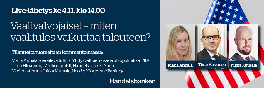 USA:n vaalituloksen vaikutukset maan ulkopolitiikkaan ja globaaliin talouteen - mm. tästä keskustelemme livenä verkossa huomenna ke 4.11. kello 14.00! Studiossa huippuasiantuntijat: 
@maria_annala, FIIA ja 
<a href="/HirvonenTimo/">Timo Hirvonen</a>, Handelsbanken

Tervetuloa! 🇺🇸🇫🇮

handelsbanken.videosync.fi/archive/live
