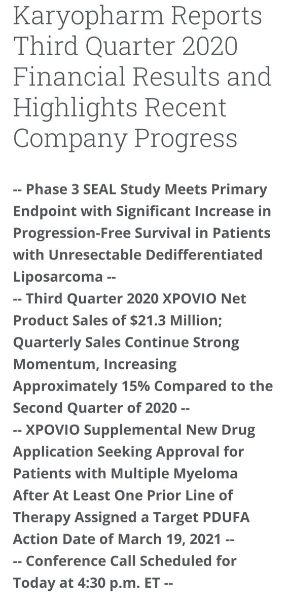  $KPTI Nice press release here: positive Ph3 SEAL study, good growth in Xpovio product sales and looking forward to PDUFA action date of 19 March 21 for second line MM. If approved, will boost Xpovio sales.