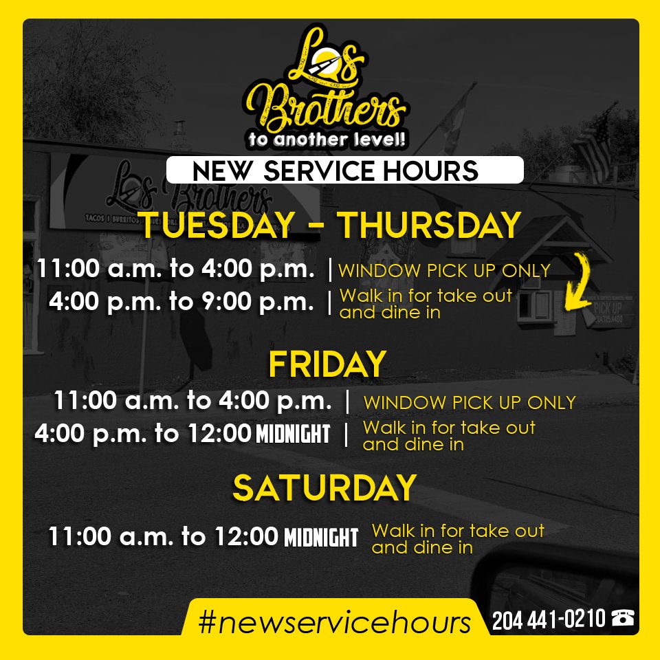 LosBrosMB's tweet photo. New hours!! https://t.co/d2kHv3QJrE
