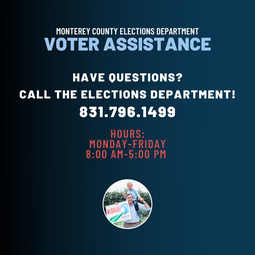 stevemcshane's tweet photo. For voter assistance, call Monterey County Elections Department at (831) 796-1499. https://t.co/jQzpDttzPx