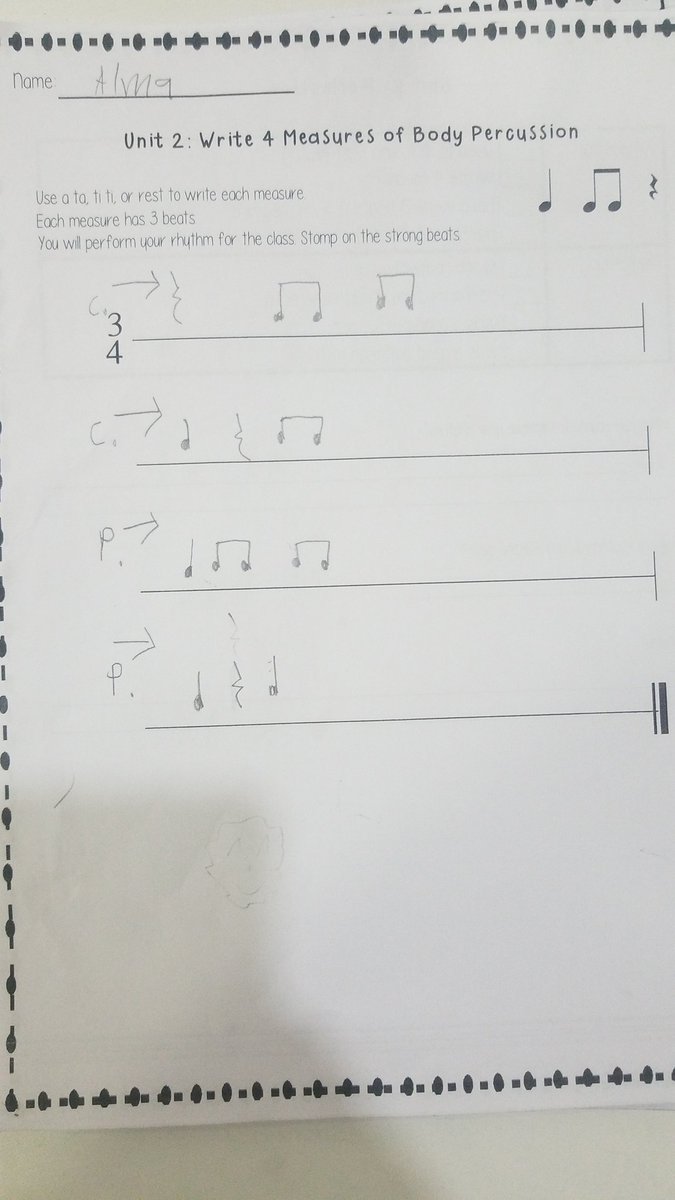 Miranda_L_B's tweet photo. 2nd grade's first big composition project! I'm really excited and proud of their work, you can see the variance in how they notated the body percussion. Will share the vids once I've had a chance to edit https://t.co/i9y0POtCNp