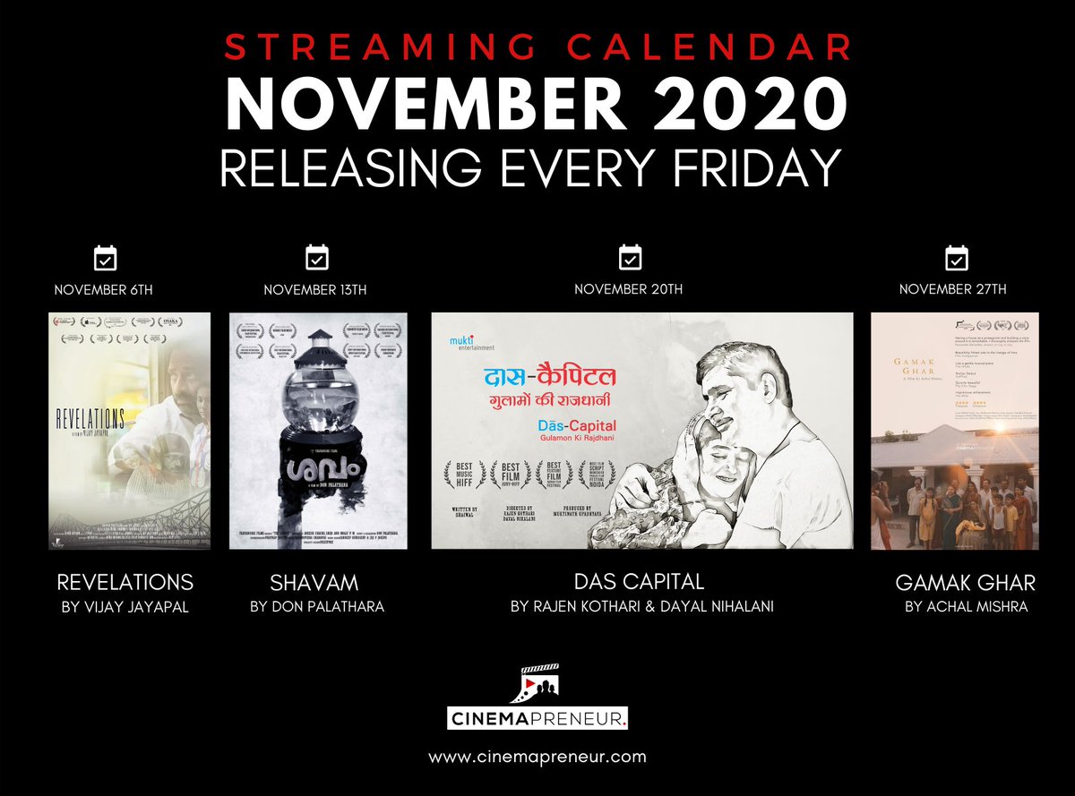 cinemapreneur's tweet photo. Streaming films by top independent filmmakers this November. Releasing every Friday. 

#Revelations #Shavam #DasCapital #GamakGhar

@achalchitra @DPalathara @iam_vj #RajenKothari #DayalNihalani https://t.co/5sR5bPgPv1