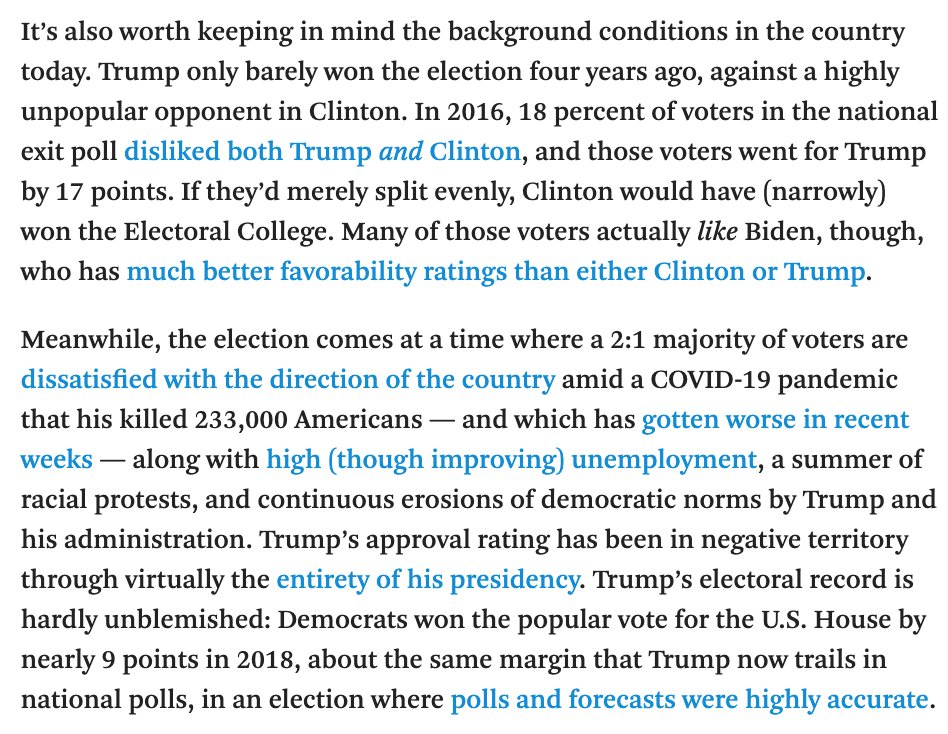 I do think it's vital to keep the context of the election in mind, though. Trump didn't win the last election by much, against a highly unpopular opponent, and most people think things are going really badly in the US. Not hard to see why he's losing.