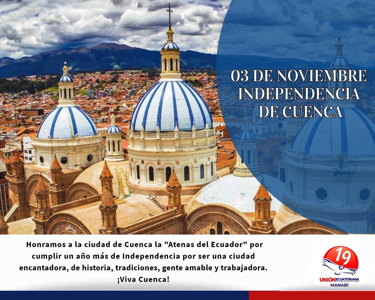 manabi_union's tweet photo. Celebremos con orgullo el Bicentenario.
200 años de Independencia
¡Viva Cuenca!
#IndependenciaDeCuenca #Bicentenario
#UnionEcuatoriana #Listas19 #SomosUnionEcuatoriana https://t.co/GuUcUXvxY0