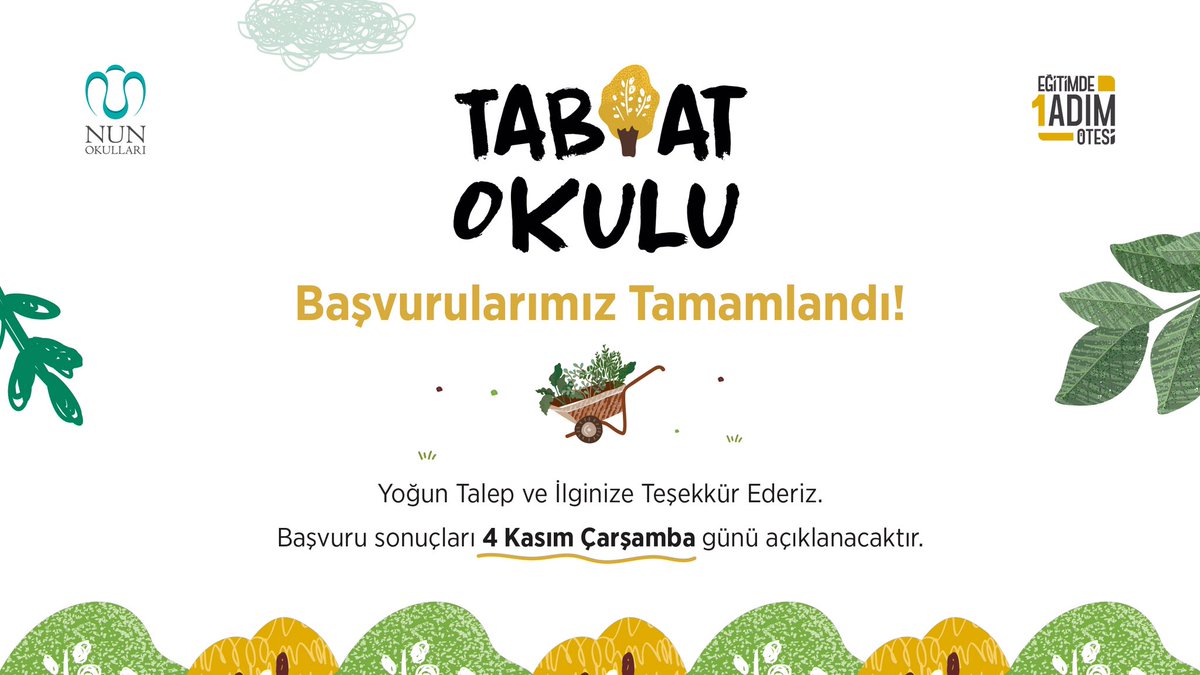 Tabiat Okulu Başvurularımız Tamamlandı!
Yoğun Talep ve İlginize Teşekkür Ederiz. Başvuru sonuçları 4 Kasım Çarşamba günü açıklanacaktır.