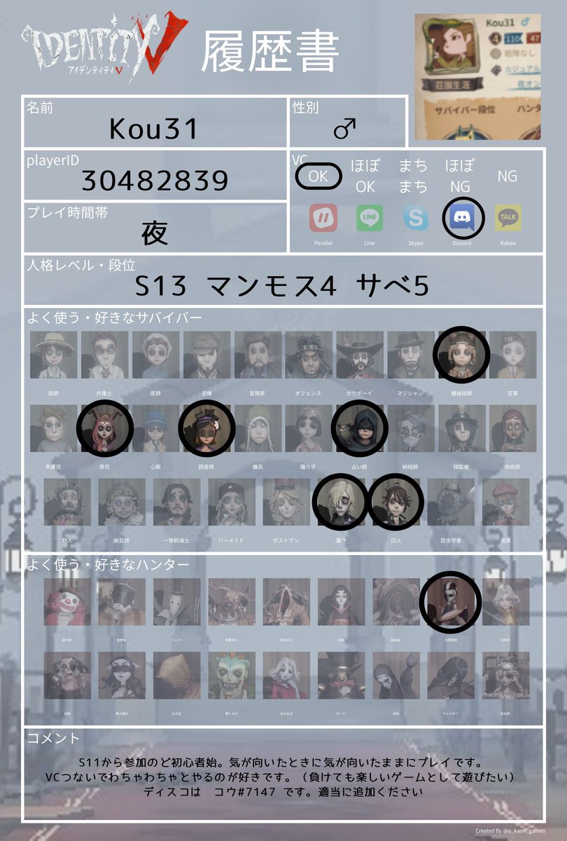 コウ やっとサベ帯に入ったので更新しておきます サバイバーはずっとマンモスのままです 第五人格自己紹介カード 第五人格やってる人と繋がりたい 第五人格フレンド募集 第五人格好きと繋がりたい 第五人格 T Co Bafxci7xan T Co