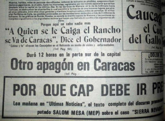 ANTES DEL CHAVISMO! Apagones en Caracas por más de 12 horas. Y observen la nota superior: la 'Mision Vivienda' de la época: 'El que se le caiga el rancho se va de Caracas'