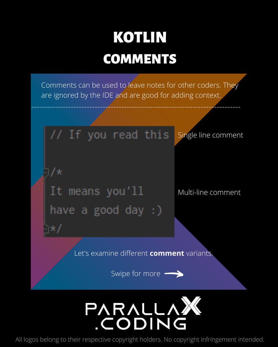 parallaXcoding's tweet image. Kotlin Comments Quick Start Guide, 𝙃𝙖𝙣𝙙𝙢𝙖𝙙𝙚 𝙛𝙤𝙧 𝙮𝙤𝙪 𝙗𝙮 𝙥𝙖𝙧𝙖𝙡𝙡𝙖𝙓.𝙘𝙤𝙙𝙞𝙣𝙜 #app #mobile #softwaredeveloper #coding #android #ios #dev #developer #programming #programmer #code #computer #kotlin #java #google #100DaysOfCode #software #LearnToCode