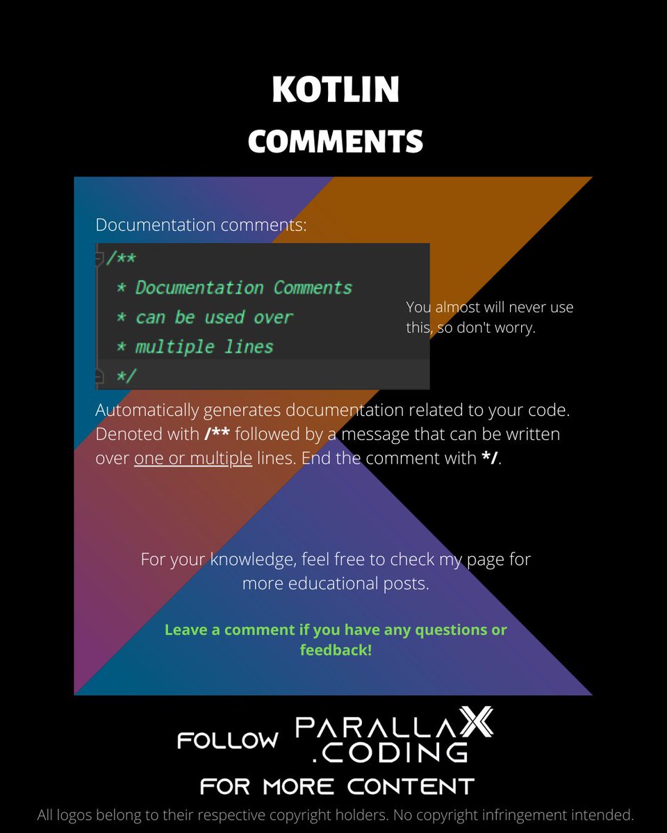 parallaXcoding's tweet image. Kotlin Comments Quick Start Guide, 𝙃𝙖𝙣𝙙𝙢𝙖𝙙𝙚 𝙛𝙤𝙧 𝙮𝙤𝙪 𝙗𝙮 𝙥𝙖𝙧𝙖𝙡𝙡𝙖𝙓.𝙘𝙤𝙙𝙞𝙣𝙜 #app #mobile #softwaredeveloper #coding #android #ios #dev #developer #programming #programmer #code #computer #kotlin #java #google #100DaysOfCode #software #LearnToCode