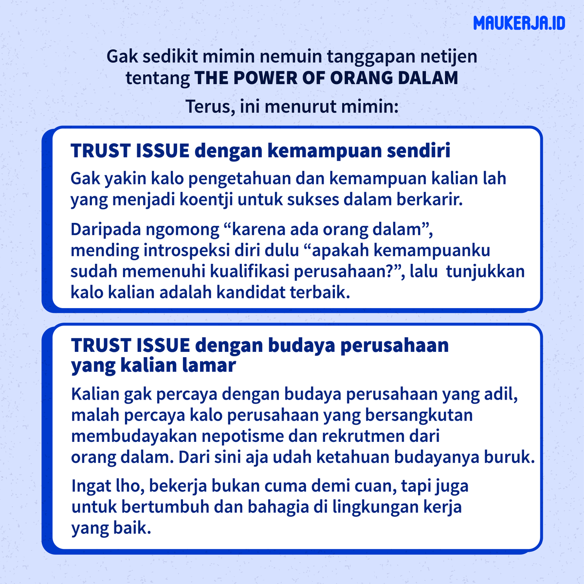 maukerja_id's tweet photo. Para barisan netijen yang komen orang dalam, yuk mari dikomen 😏
.
.
Jangan lupa follow @maukerjaid
.
#kuncijawabaninterview #lowongankerja #lokerjogja #kunciinterview #lokerjabodetabek #tipswawancara #tipsinterview #desainCV #lokerSurabaya #infobeasiswa #bikincvmurah https://t.co/6ceimH6z9T