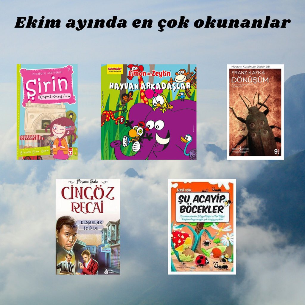 Ekim ayı en çok okunan kitaplar..
📌Şirin 
📌Limon ile Zeytin
📌Dönüşüm
📌Cingöz Recai
📌Şu acayip böcekler
Siz bu ay neler okudunuz?
@KTBKYGM @TCKulturTurizm @AhmetMisbah 
#etkinkütüphane #ençokokunankitap #şirin #limonilezeytin #dönüşüm #cingözrecai #şuacayipböcekler