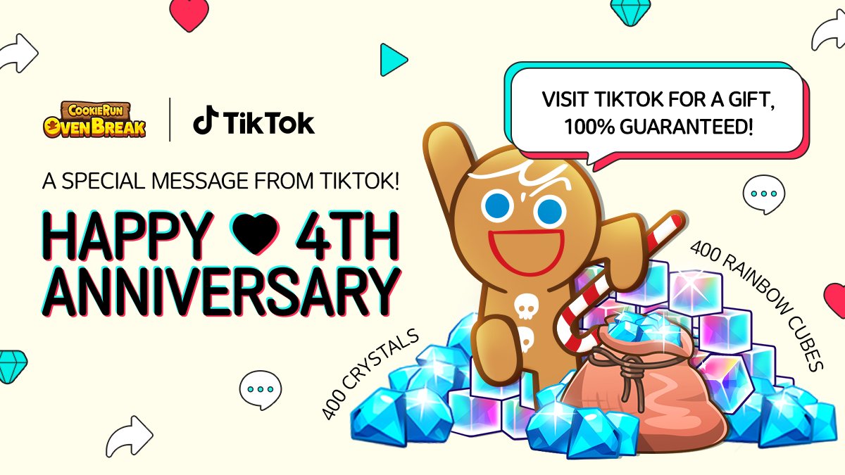 Cookierun On Twitter We Re Having A Tiktok Event To Celebrate Our 4th Anniversary Visit The Event Page On Tiktok And Get 400 Crystals And 400 Rainbow Cubes Event Duration 11 4 11 17 To The