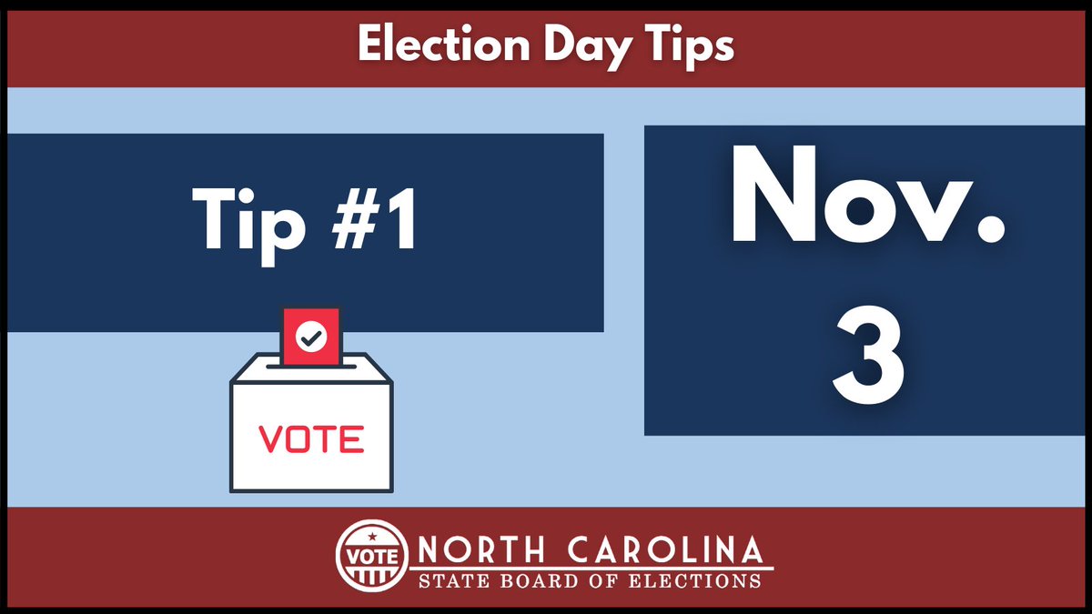 NCSBE's tweet photo. On Election Day, polls across North Carolina are open from 6:30 a.m. to 7:30 p.m. Voters in line at 7:30 p.m. will be able to cast a ballot. Lines tend to be longer before and after normal business hours.
10 Tips: https://t.co/9yaPr9asiq
#ncpol #YourVoteCountsNC https://t.co/zevgAXtg9n